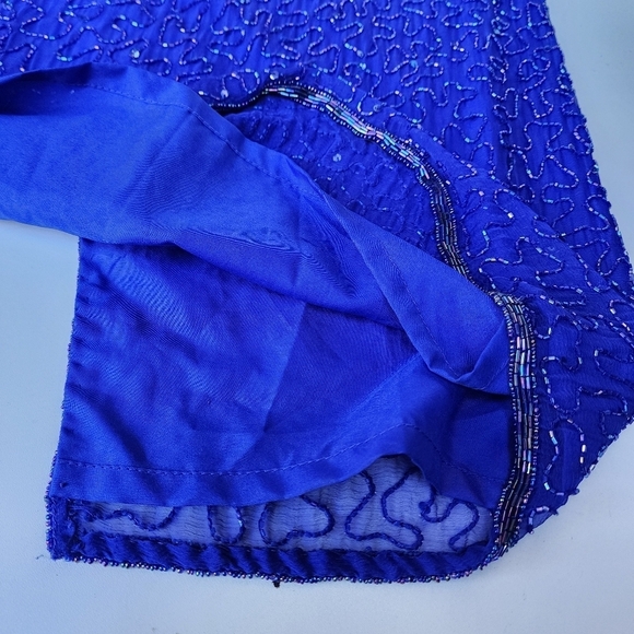 VTG BRILLIANTE BY JA Blue 100% Silk Chiffon AB Beaded Tiered Cocktail Dress 3X - Picture 13 of 16
